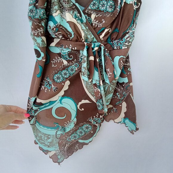 Y2K Hippie Whimsy Fairycore Asymmetrical Tank Top Teal and Brown Size M - Picture 4 of 4